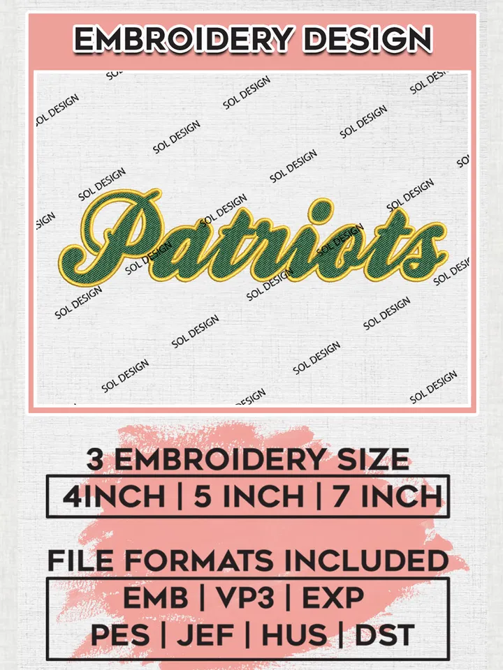 NCAA Patriots College Team Writing Logo Embroidery Design Files, NCAA George Mason Patriots  Machine Embroidery, NCAA Teams, 3 sizes, NCAA Machine embroidery designs, Digital Download