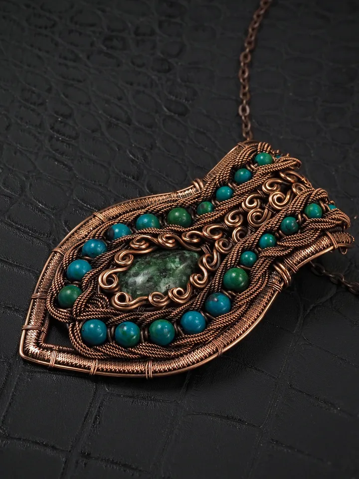 Zoisite and Chrysocolla Pendant Wire wrap copper necklace Handmade artisan jewelry