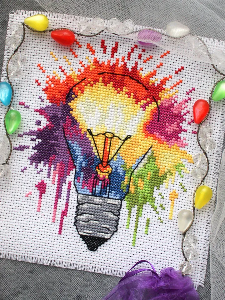 Cross stitch pattern Light bulb, cross stitch chart in watercolor style PDF