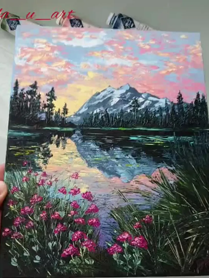 Mountain landscape painting, Mountain lake original painting art wall ...