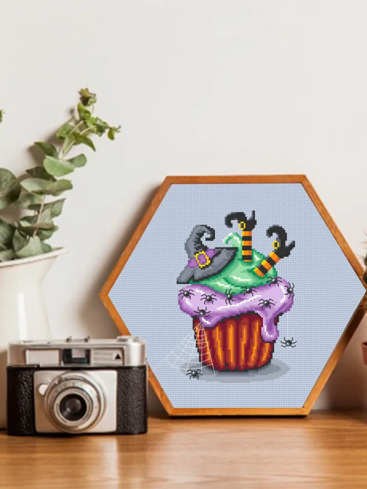 Halloween cupcake cross stitch pattern download PDF Witch cross stitch Dessert Beginner stitch Cute Halloween embroidery Sweet food #H15