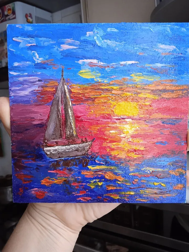 Landscape with the sea Sailboat at sunset Original Oil painting Impasto Art