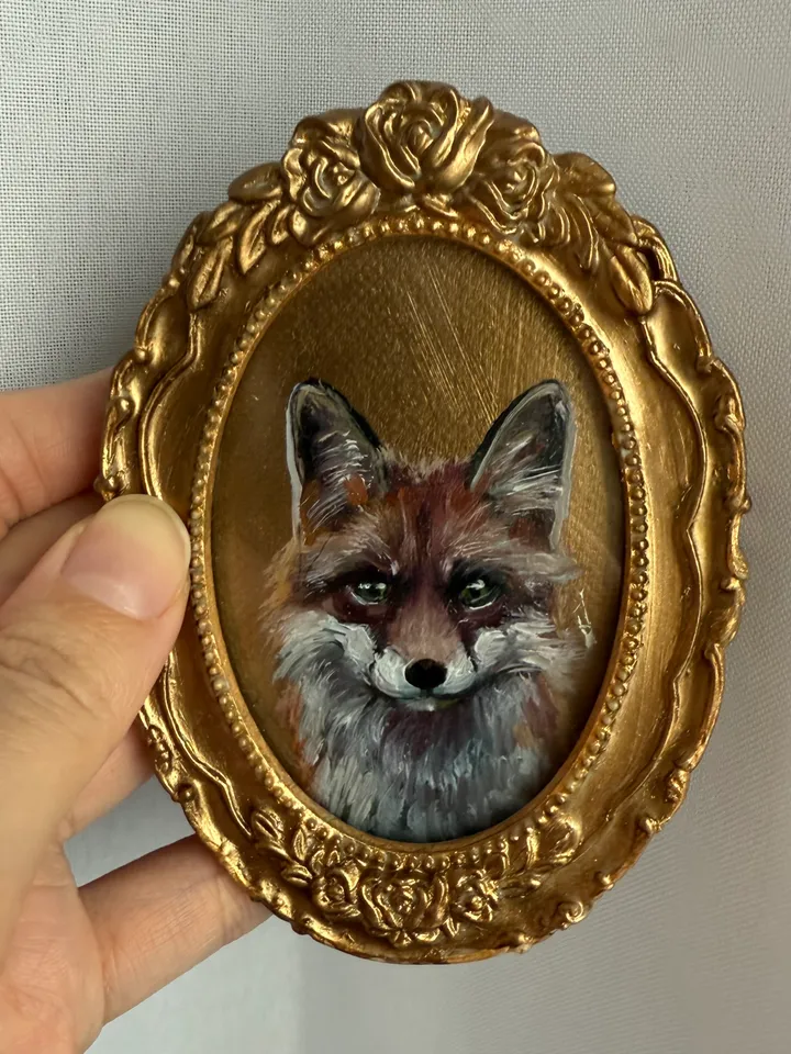 Framed Fox Oil Painting Original Wild Animals Art Cute Fox Painting Gold Frame Victorian
