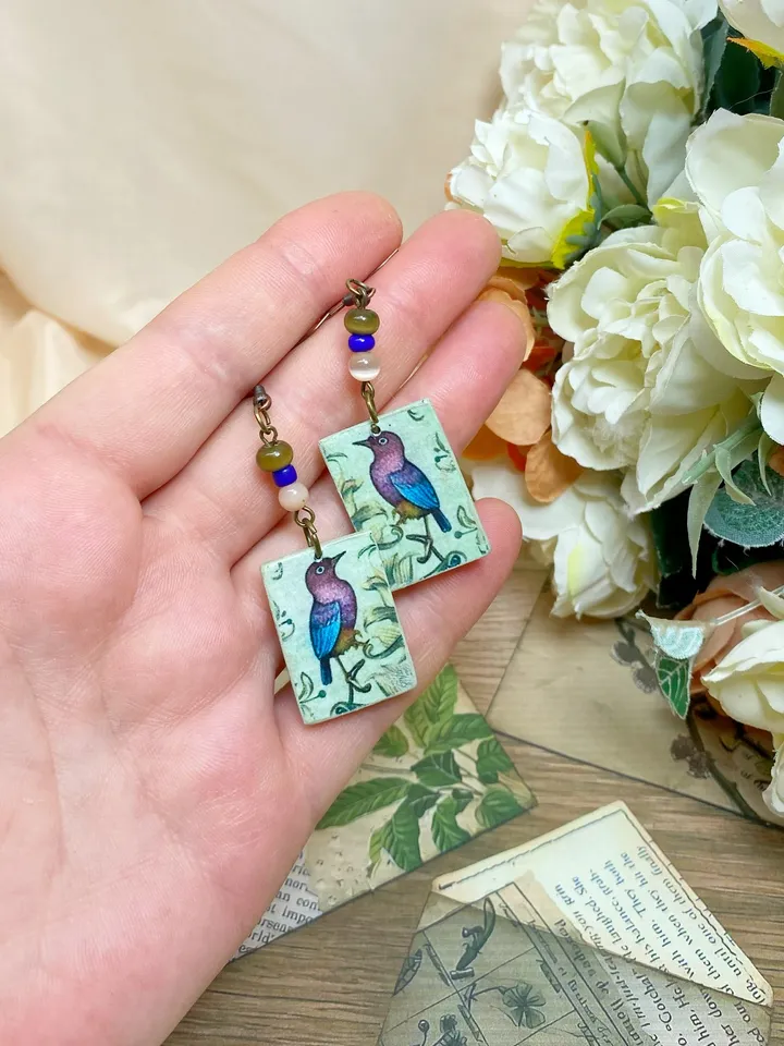 Vintage handmade earrings. Earrings with images of birds.