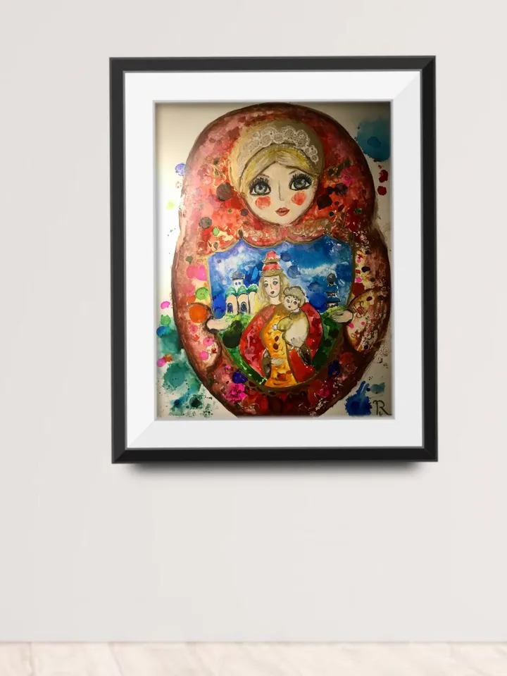 Matryoshka doll original mix media painting on yupo paper,watercolours and alcohol inks painting,unique artwork russian doll painting,gift