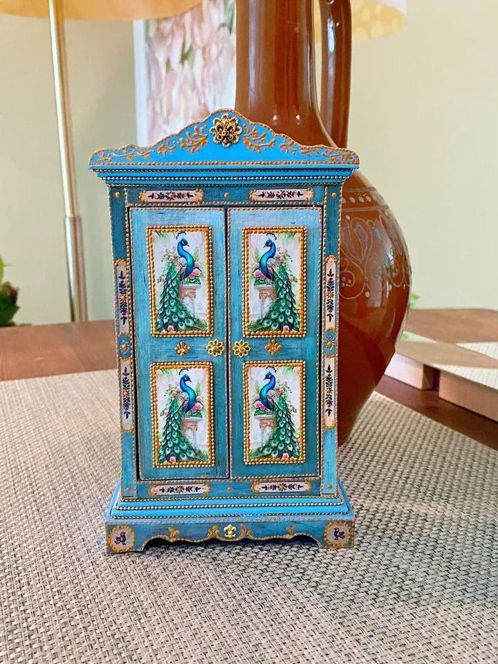 Wardrobe with peacocks. Dollhouse miniature. 1:12. Handmade wardrobe. Wardrobe for a doll.