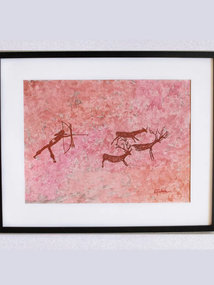 Deer hunting wall art | Original Pastel and Watercolor Artwork Ancient Cave Painting Style | Hunters Prehistoric art | Handmade Artwork | Archers stylization of rock art | Drawings of a prehistoric man | Modular painting