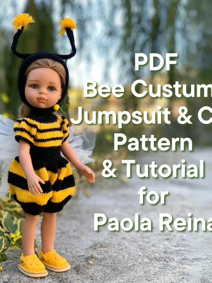 PDF Knitting Pattern Tutorial Bee Costume Jumpsuit with Cap for Paola Reina doll (13"/32 cm) eng