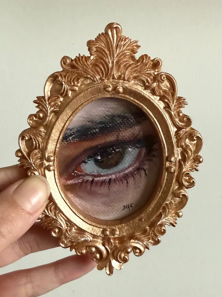 Original Framed Lover's Eye Antique Painting Illustration Vintage Style Small