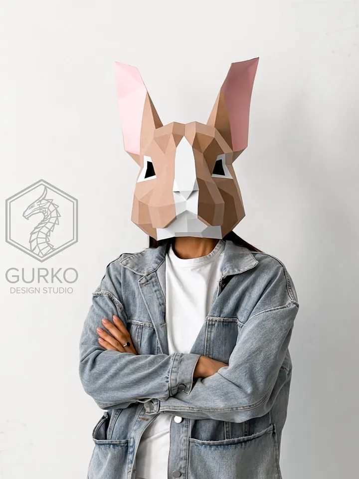 Rabbit Mask Papercraft, Hare, Digital Template, PDF Download, Gurko, 3D Low Poly Animal Mask, DIY Origami, Pepakura, Paper Mask, DIY Costume