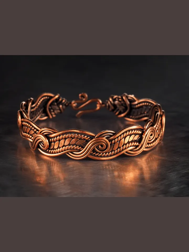 Wire wrapped bracelet, Unique 7th 22nd Wedding Anniversary gift idea, Art Nouveau antique style, One of kind braided statement bangle, Handmade oxidized pure copper woven wire elven jewelry, Pain relief, EMF protection, Hippiу accessory, Unique antique st
