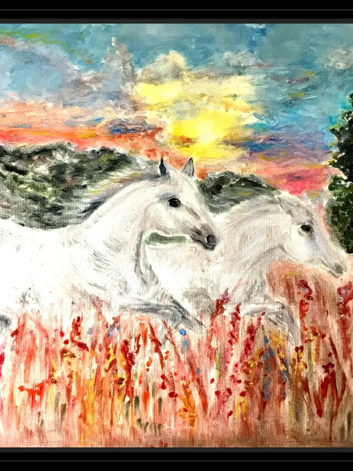 Horses painting,White Horses running in the field on sunset,original oil painting on stretched canvas.