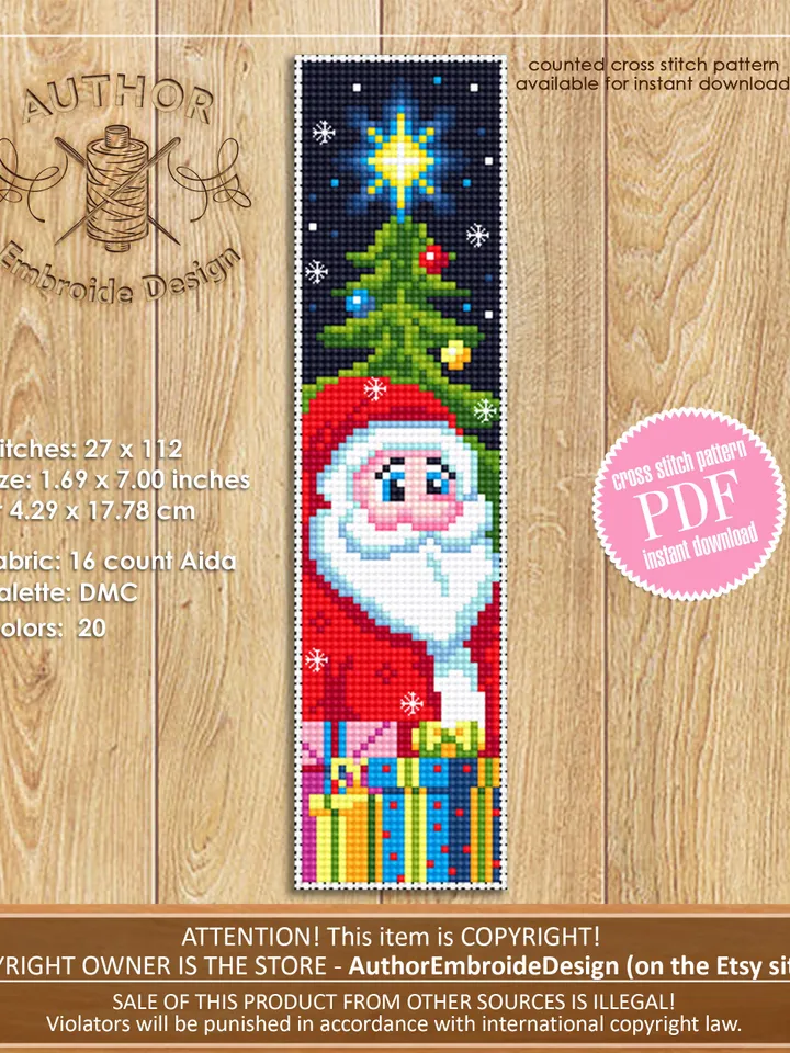 Christmas bookmark cross stitch pattern download PDF Handmade bookmark Santa Claus xstitch chart Winter holiday cross stitch New Year #B54