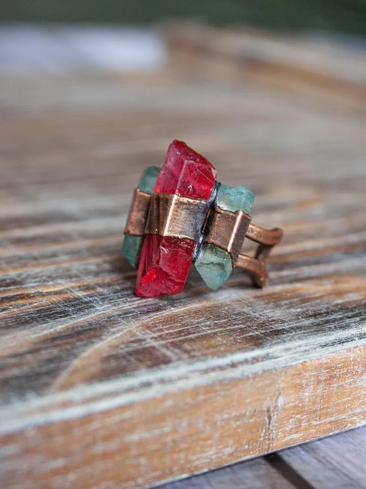Unique handmade quartz ring in a copper frame made using the electroforming process