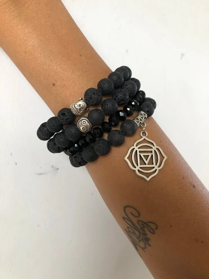 Set of Four Lava and Crystal Black Handmade Bracelet | Woman Bracelet Set | Lava Carka Buddha Ying Yang Spiritual Bali Oil Diffuser Jewerly