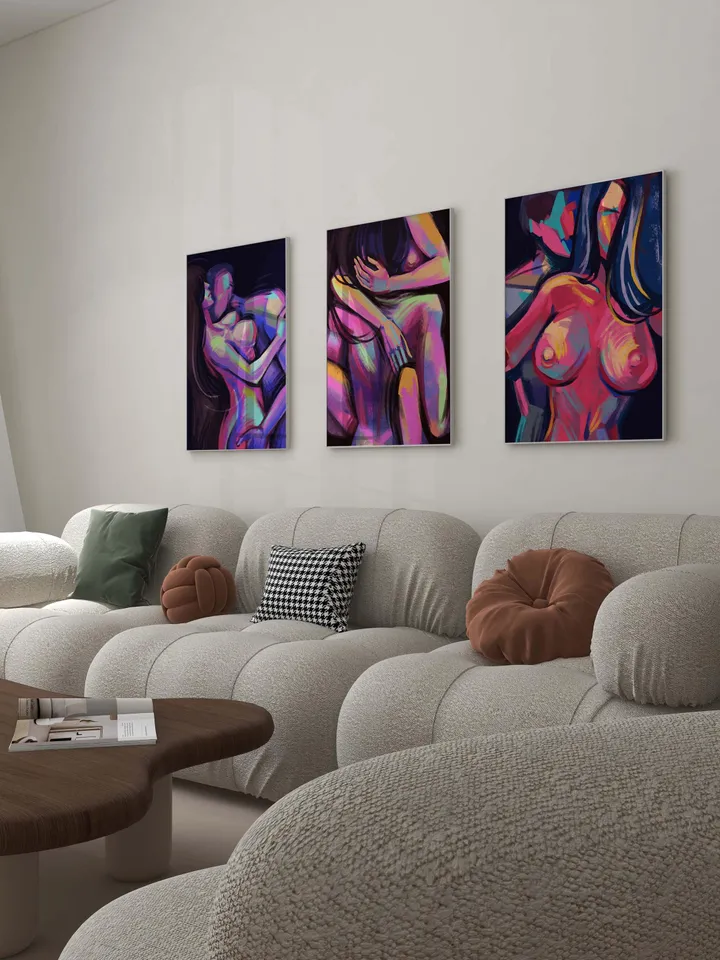 Colorful Abstract Couple Art, Intimacy Art, Modern Wall Decor, Vibrant Love Art, Home Office Decor, Digital Download Poster, Set of 3 Art