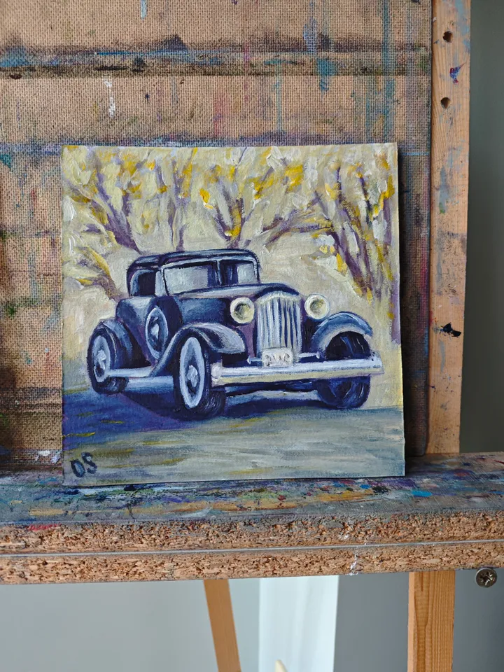 Retro Car Original Painting Car Original Art Retro Old Car Artwork Black Old Car Wall Art Decor 8 x 8 inches be OlgaSokolovaArt