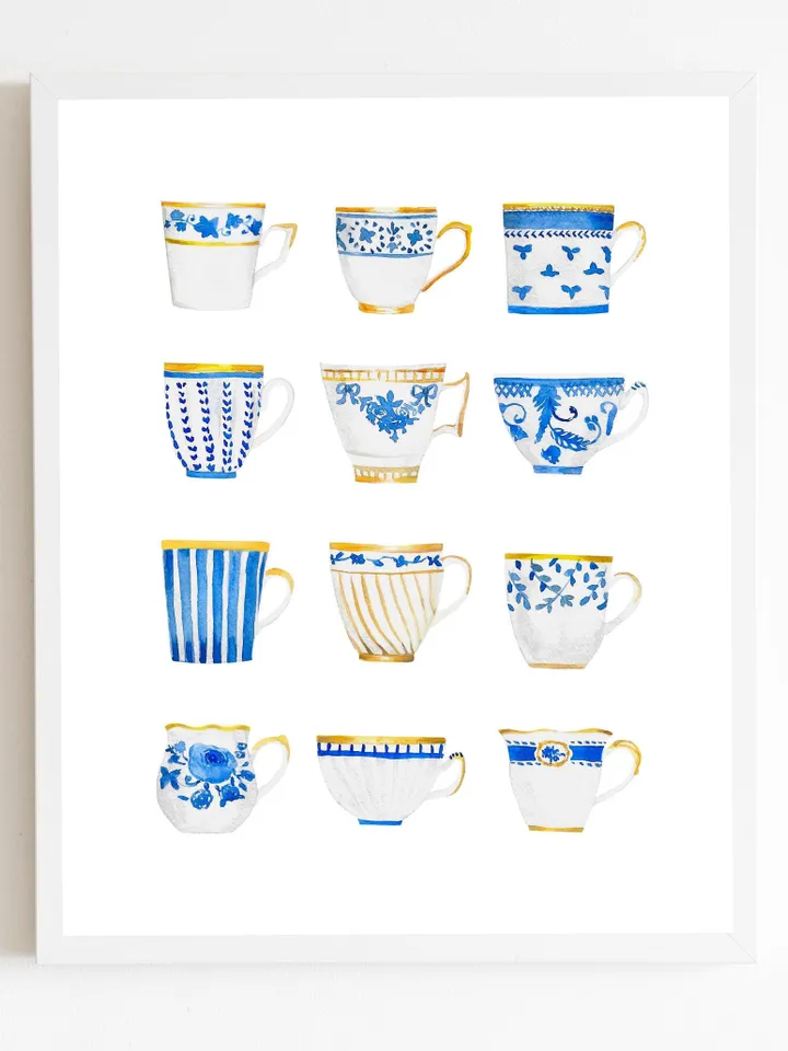 Teacups Art Print Blue And White Watercolor Painting Chinoiserie Wall Art Poster Tea Art Gift For Tea Lovers Vintage Tea Cups Kitchen Print
