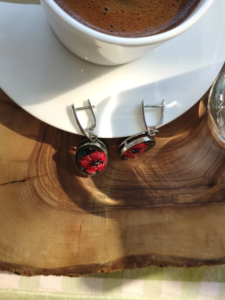 Pearl earrings: Tiny Elegant Red Pearl Earrings with hand painted Poppies • Aesthetic Handmade jewelry art earrings • Dainty gift for her
