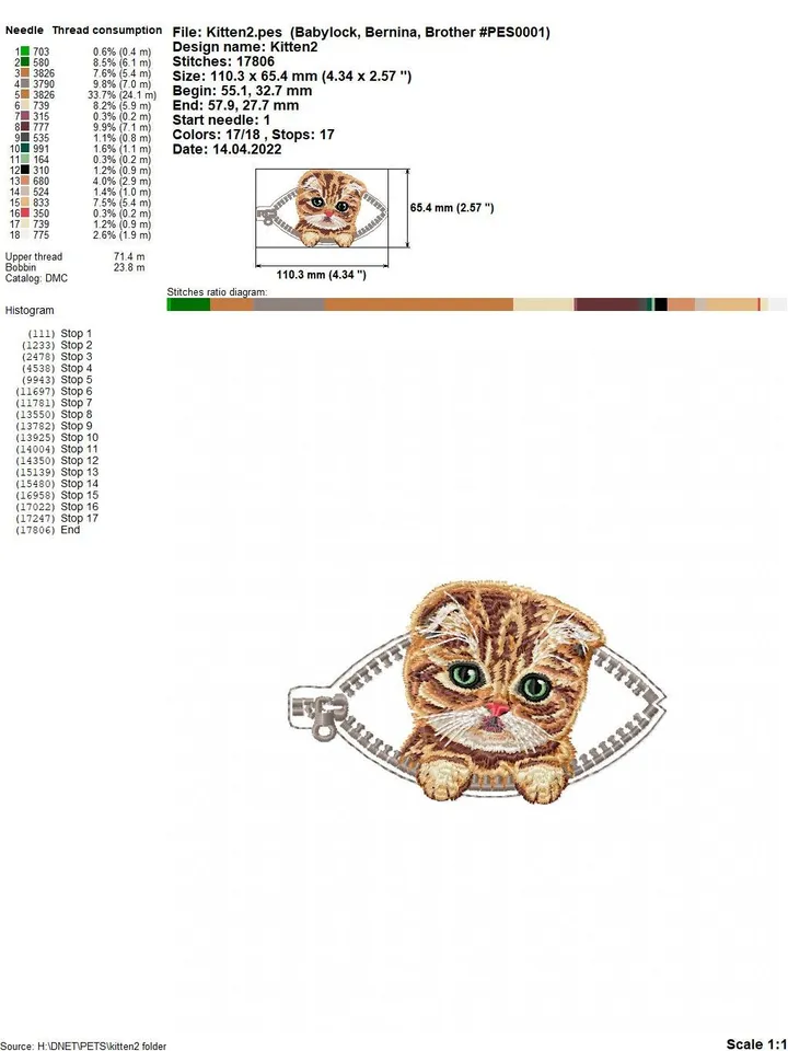 Kitten ginger in a zipper pocket Miniature realistic machine embroidery design Pet design kitten realistic pattern cat embroidery motif