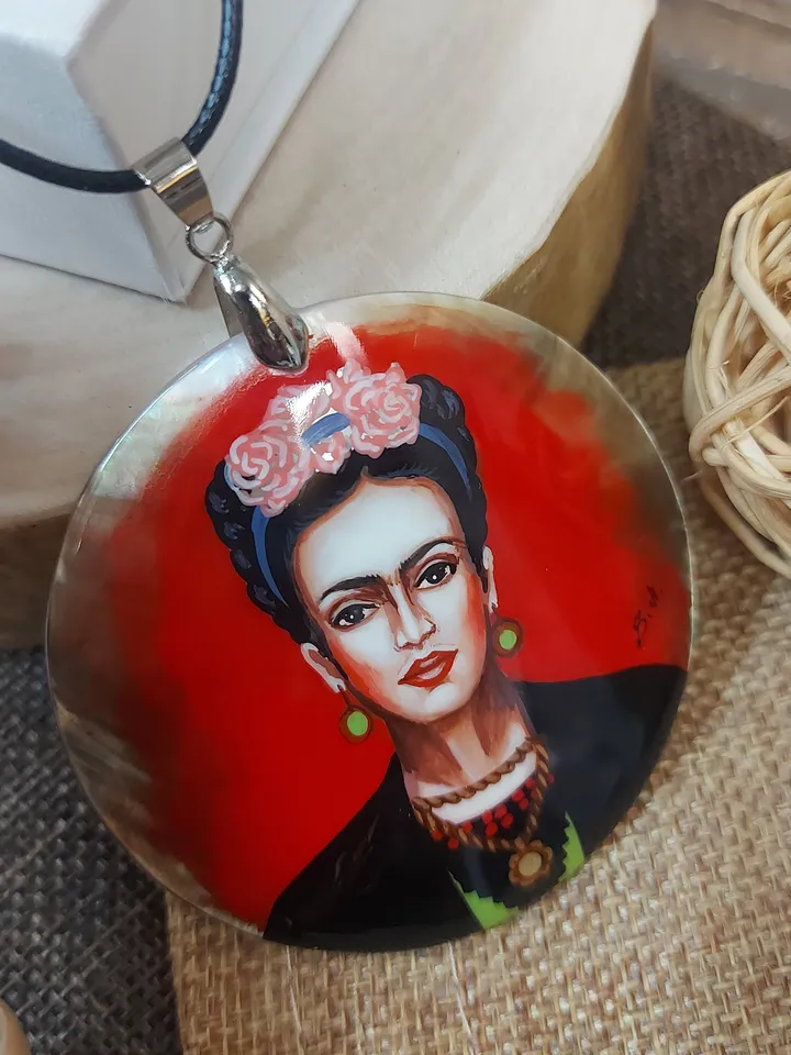 Russian jewelry: Red Self-portrait by Frida Kahlo on statement pendant. Fedoskino art painting on mother of pearl necklace. Gift for sister