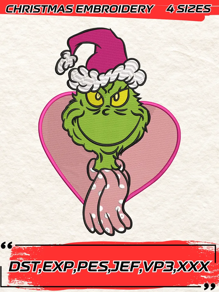 Dr.Seuss Grinch Pink Heart Embroidery Design,Grinch Christmas Embroidery Design,Christmas Embroidery Design,4 Sizes,Digital Download