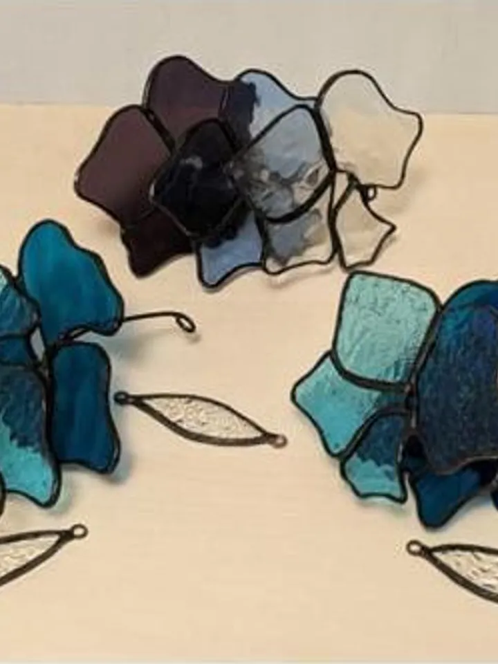 3D Blue-Turquoise Branch, 3D Blue-Turquoise Floral Branch in Stained Glass, 3D Stained Glass Branch with Blue and Turquoise Flowers, Blue and Turquoise 3D Stained Glass Stem, 3D Blue-Green Flowering Branch in Stained Glass, Stained Glass 3D Branch in Blue