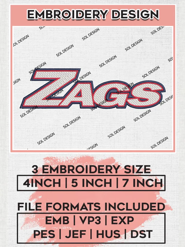 NCAA Zags Team Word Logo Embroidery Design Files, NCAA Gonzaga Bulldogs Machine Embroidery, NCAA Teams, Game Day, 3 sizes, NCAA Machine embroidery designs, Digital Download