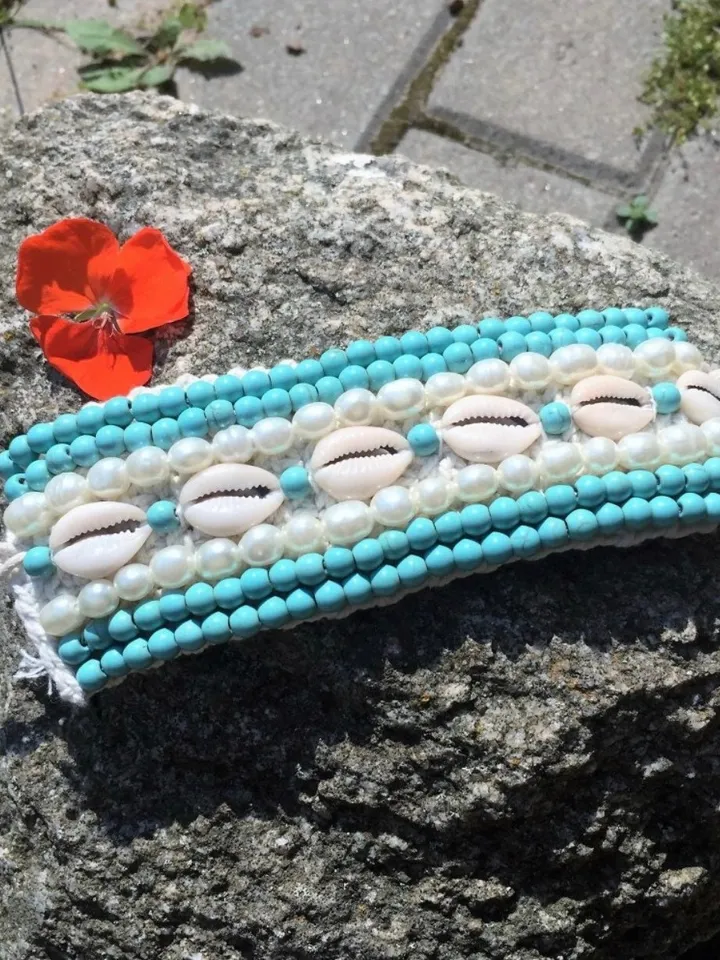 Wide shell crochet macrame handmade turqiose shell cowire tie bracelet, boho bohemian coachella hippie style crochet ble bracelet, macrame