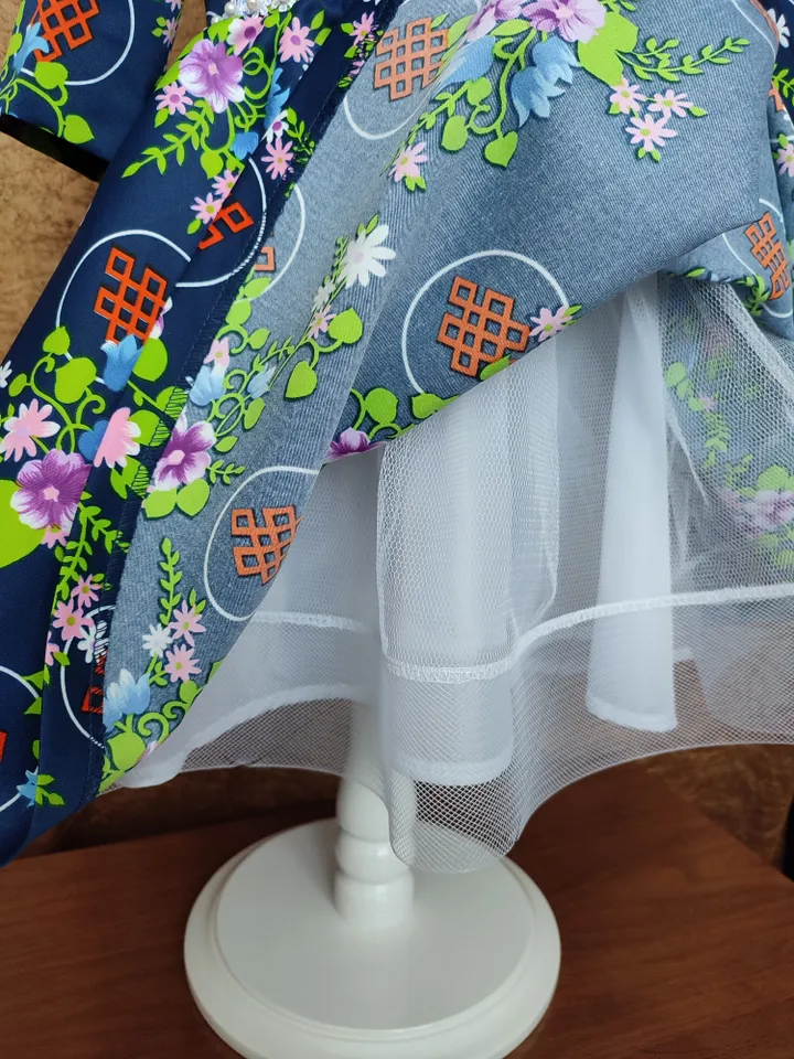 Blue elegant dress for girls 4-5 years old with floral print
