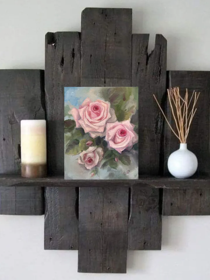 Pink Roses Painting Flowers Oil Wall Art Shabby Chic Painting