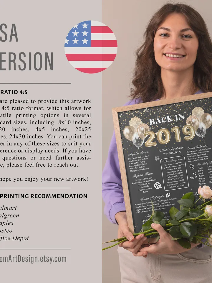 back in 2019 birthday gift girl or boy, 5th wedding anniversary poster with Australia, USA, Canada, Britain or Ireland facts, born in 2019