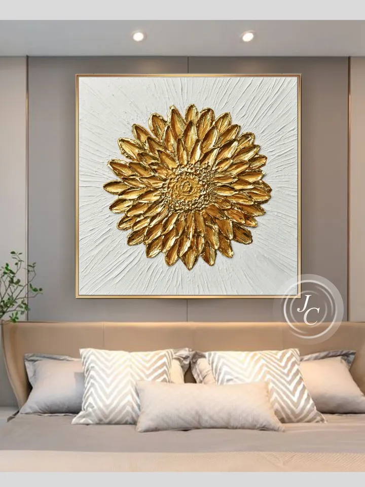 Golden Flower Abstract Wall Art Floral Original Painting Textured artwork Gold Leaf Wall Art Modern wall decor