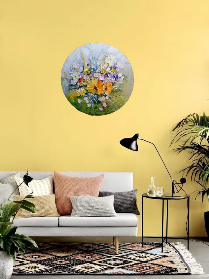 Oil painting on round canvas flowers 12x12 inches