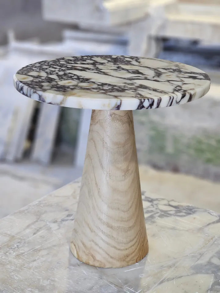 Calacatta viola or silver marble & travertine end table wooden leg model is handmade free shipping