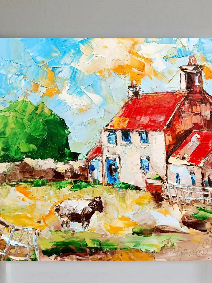 Ireland Painting Cottage Original Art Abstract Landscape Impasto Oil Painting Small Cheap Original Art Gifts by ArtProkopaloSv