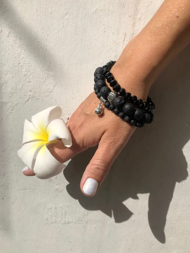 Lava Stone Bali Spiritual Ying Yang Bracelet Handmade | Genuine Lava Stone Black Oriental Bracelet Woman | Gemstone Women Sacred Bracelet