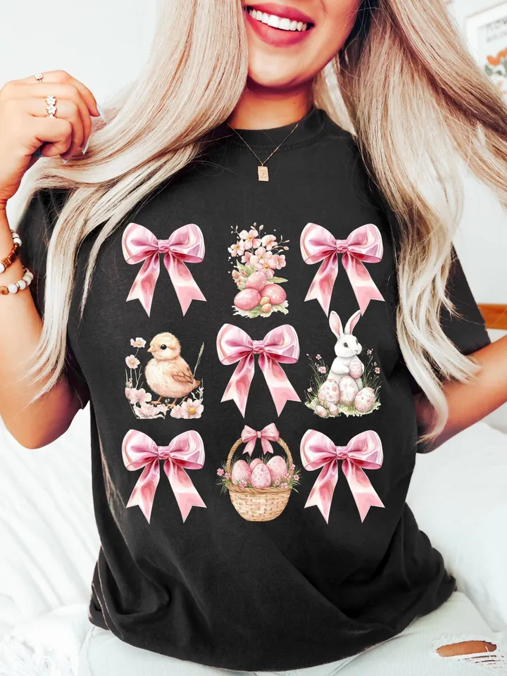 Happy Easter Coquette PNG, Retro Easter Png, Easter Bunny Png, Floral Spring Png, Pink Easter Shirt Design, Bunny Bow Png, Easter Egg Png