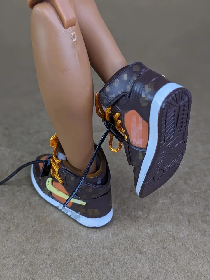 Premium brown & orange sneakers in box for 12 inch male dolls