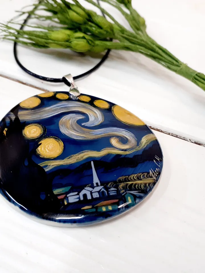 Van Gogh "Starry night" Mother-of-pearl Russian hand painting. Van Gogh Pendant. Hand paint pendant. Hand painted miniature painting