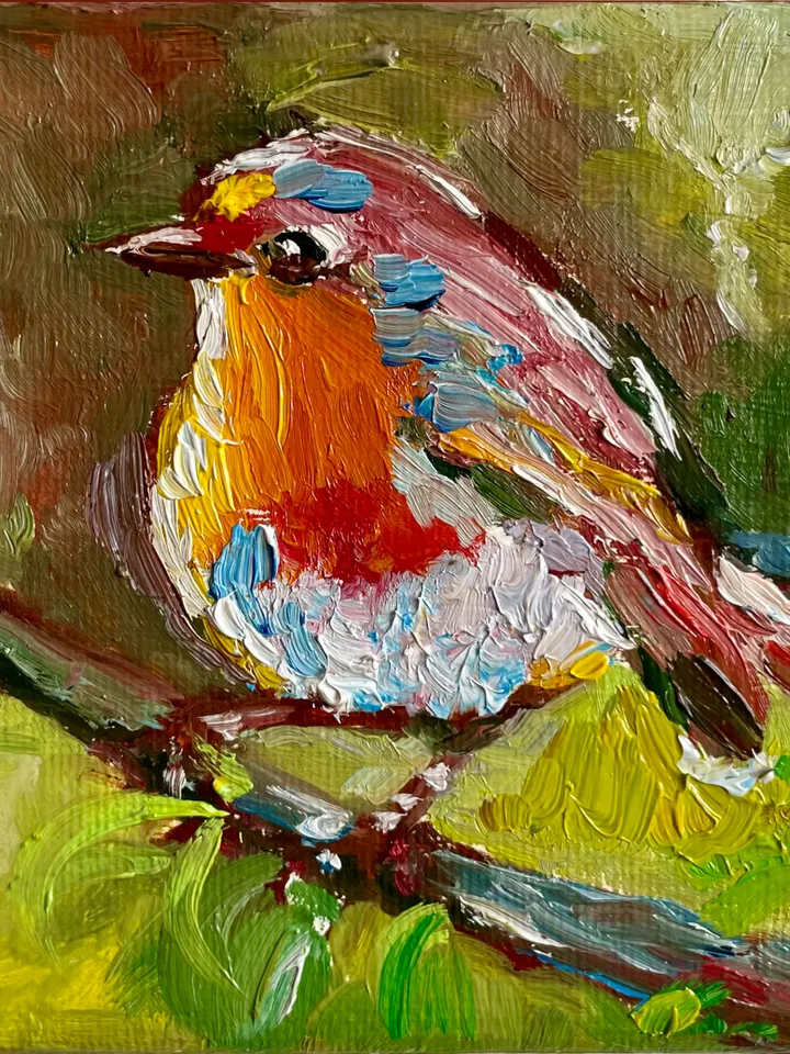 Robin Bird Painting, Original Oil painting on Canvas, Mini Canvas Art, Tiny Bird Artwork