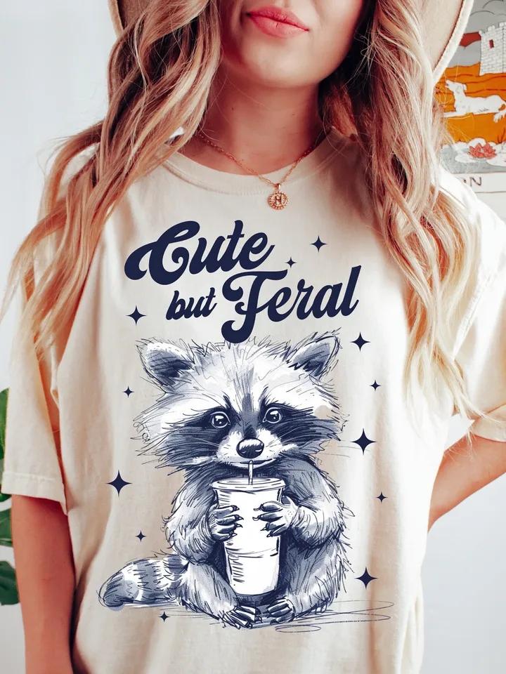 Cute But Feral Funny PNG Sarcastic Snarky Png Funny Raccoon Adult Humor Funny Sarcastic Quote Png Vintage shirt Retro SUBLIMATION ORIGINAL
