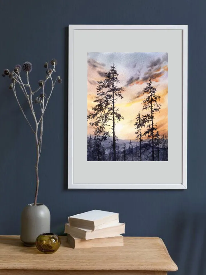 Sunset Original Painting Forest Watercolor Painting Trees Landscape Wall Art