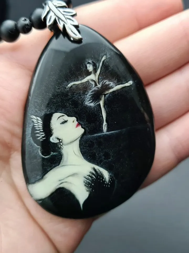 Necklace ballerina black swan Oil painting Miniature on agate One of a kind
