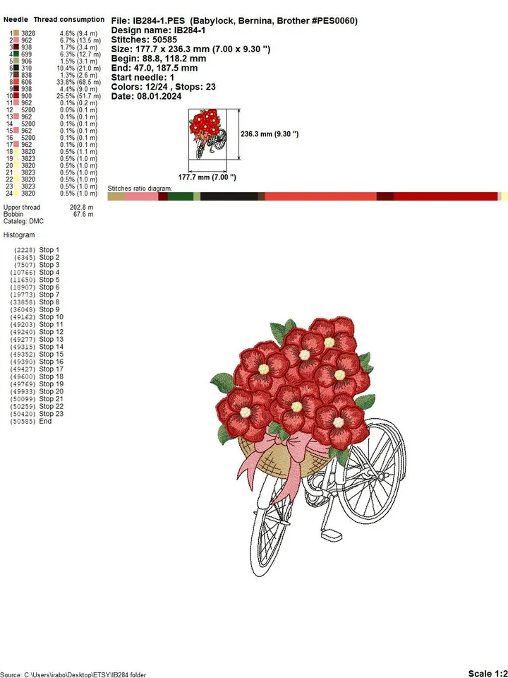 Machine Embroidery Design Bicycle in Provence style