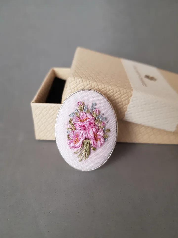 Ribbon embroidered pink brooch for her, embroidered jewelry, art 26