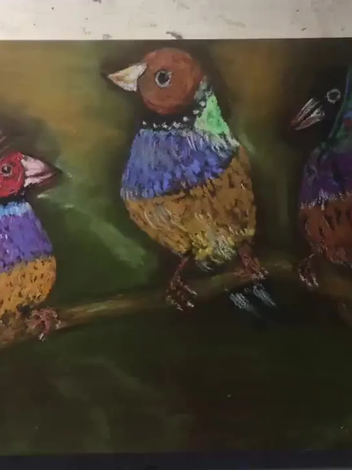 Funny birds painting ,3 friends, original pastel painting,bright colours.