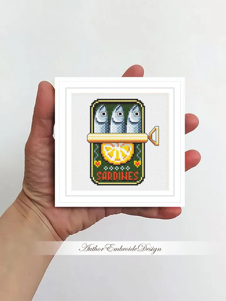 Sardines in a can cross stitch pattern PDF download Tinned sardines cross stitch chart, Small fish pattern digital, Funny kitchen decor #F25