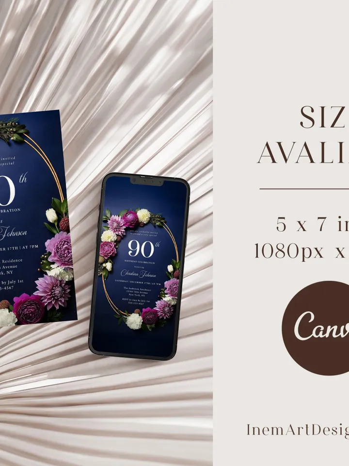 90th Birthday Party Invitation Canva Template for Mother Grandma, Moody Purple Flowers Navy & Gold, 90 Years Loved, Digital Invite
