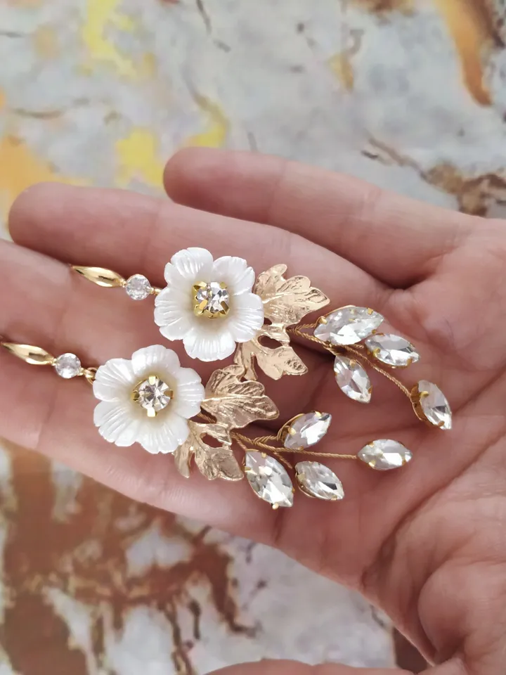 Silver, Gold Porcelain Flower Bridal Earrings, Chandelier Statement Wedding Earrings, Leaf Earrings, Boho Bridal Earrings, Crystal Earrings